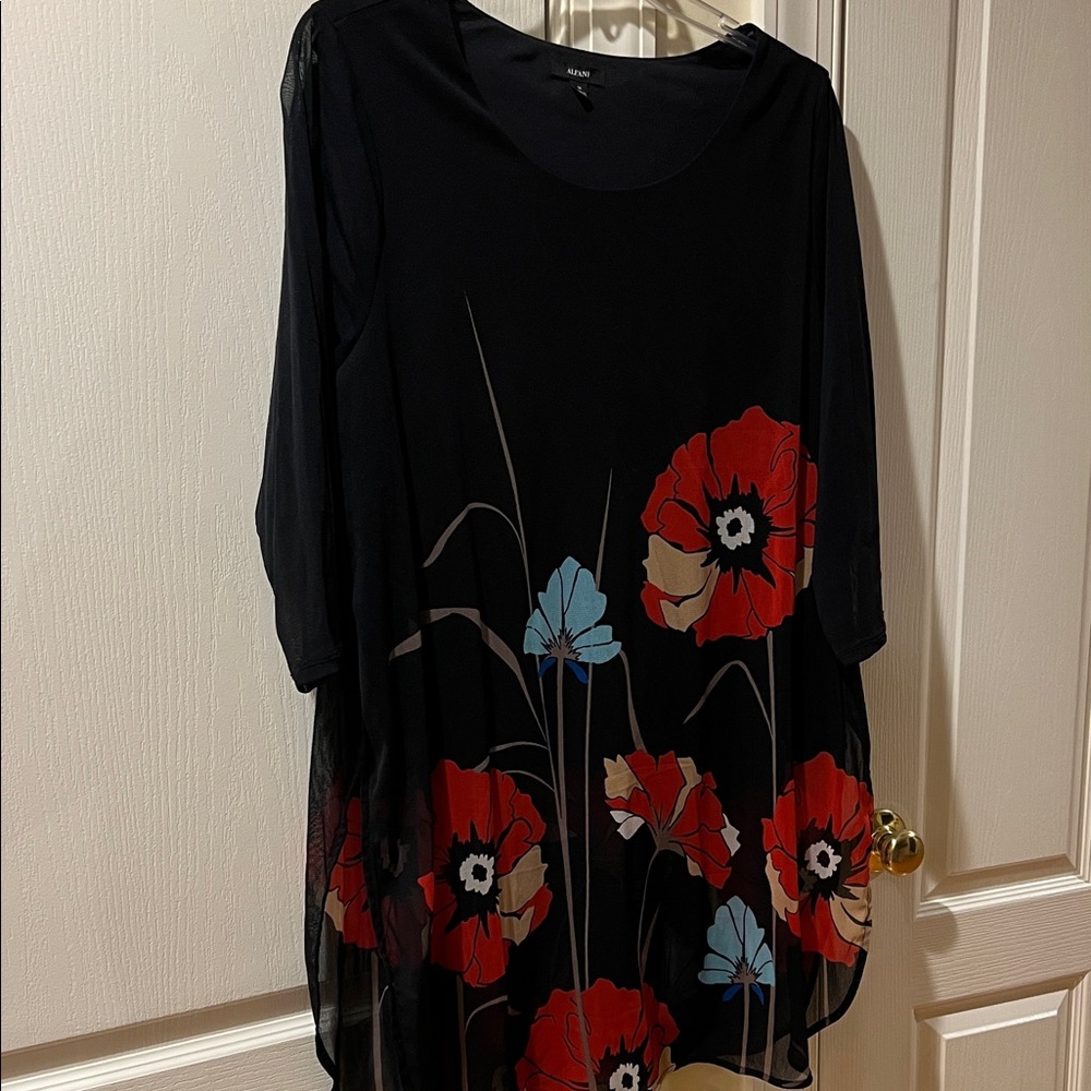 Alfani Black Tunic with Red and Blue Floral Design